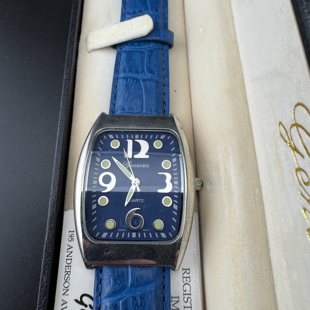 Genevex Watch, Navy Blue Dial, Croc Strap, Quartz, Box